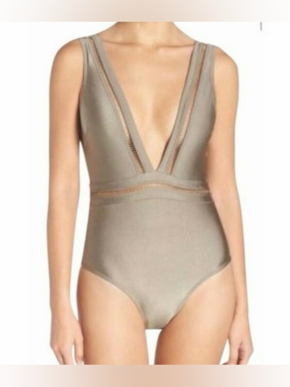 Ted Baker London Deep V Khaki Pointelle One-Piece Swimsuit - Picture 2 of 12